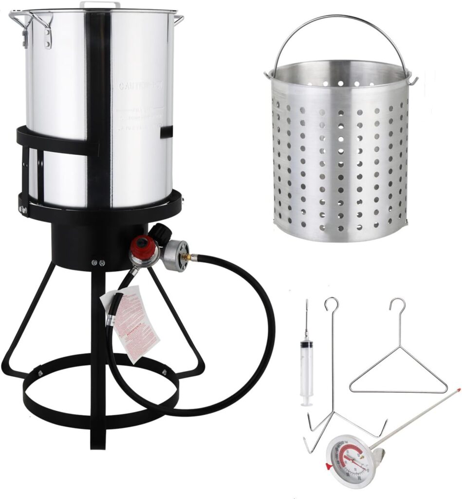 30QT Turkey Deep Fryer, Aluminum Turkey Deep Fryer Pot Propane Turkey Fryer Kit with Injector Thermometer Kit and 54, 000 BTU Outdoor Propane Stove Burner Stand for Indoor Outdoor Cooking