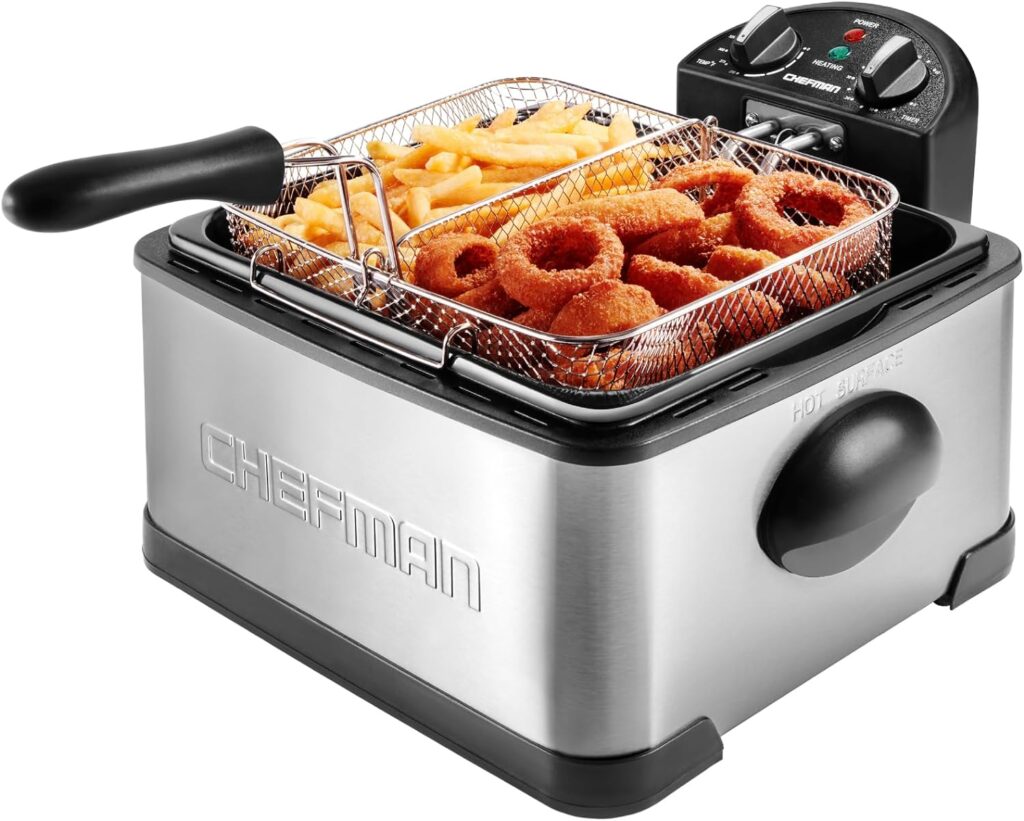 Chefman 4.5L Dual Cook Pro Deep Fryer with Basket Strainer and Removable Divider, Jumbo XL Size, Adjustable Temp Timer, Perfect for Chicken, Fries, Chips and More, Easy to Clean, Stainless Steel