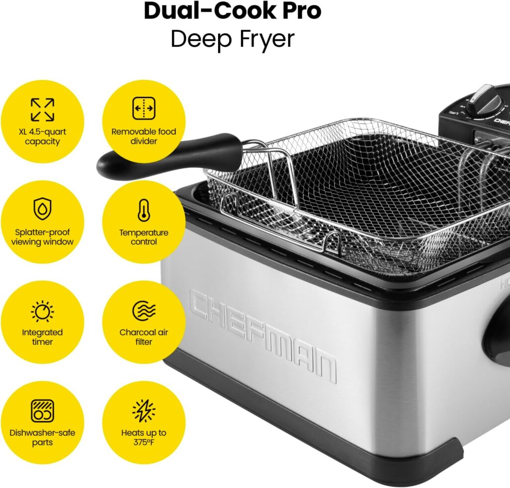 Chefman 4.5L Dual Cook Pro Deep Fryer with Basket Strainer and Removable Divider, Jumbo XL Size, Adjustable Temp Timer, Perfect for Chicken, Fries, Chips and More, Easy to Clean, Stainless Steel