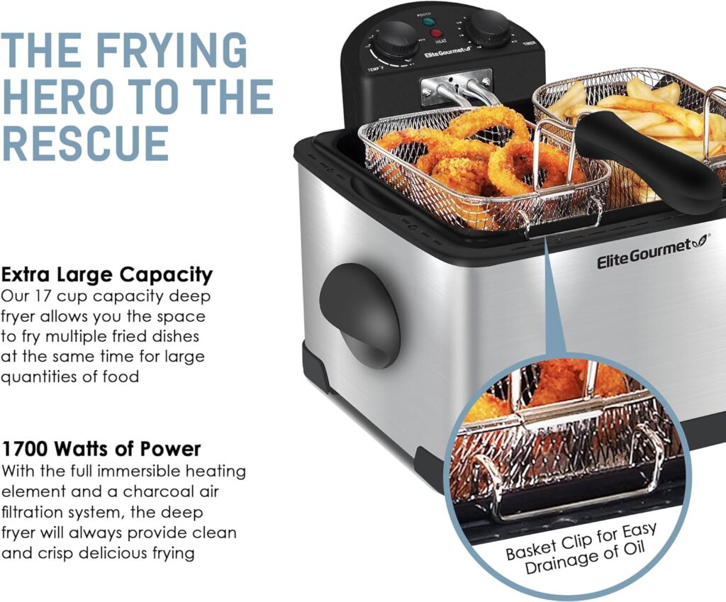 Elite Gourmet EDF-3500# Electric Immersion Deep Fryer. Removable Basket, Timer Control Adjustable Temperature, Lid with Viewing Window and Odor Free Filter