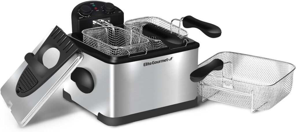 Elite Gourmet EDF-401T Electric Immersion Deep Fryer 3-Baskets, 1700-Watt, Timer Control, Adjustable Temperature, Lid with Viewing Window and Odor Free Filter, Stainless Steel and Black