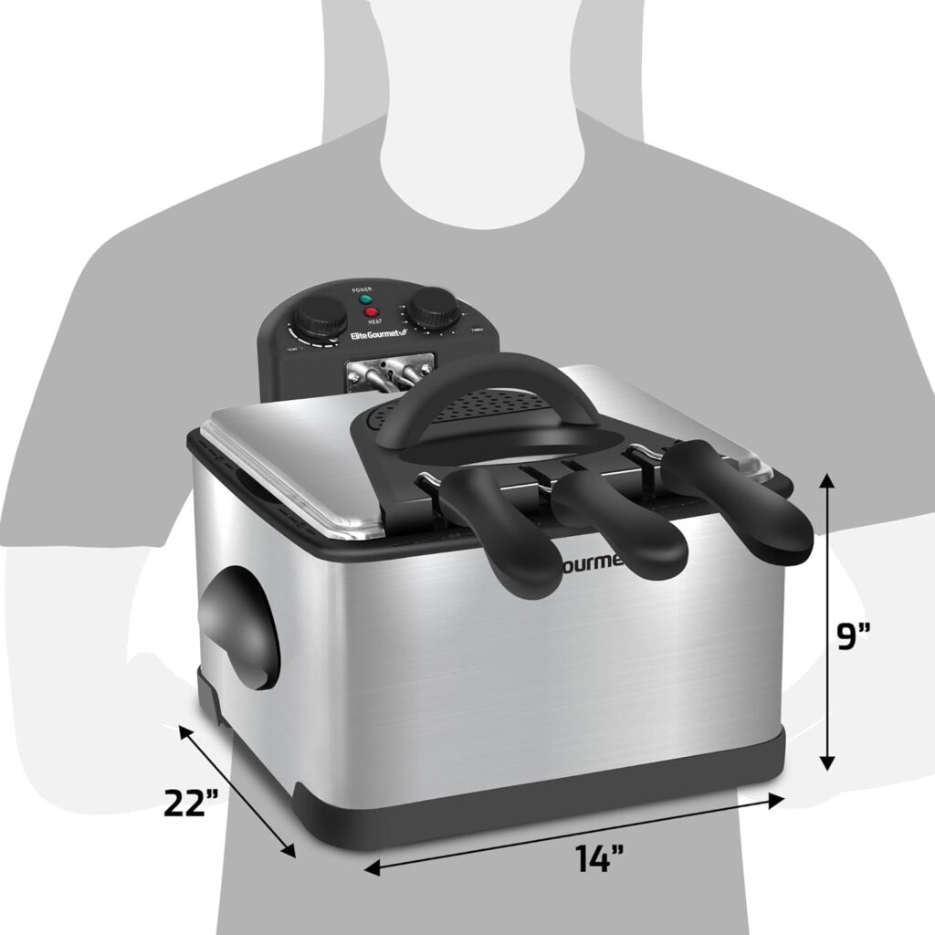 Elite Gourmet EDF-401T Electric Immersion Deep Fryer 3-Baskets, 1700-Watt, Timer Control, Adjustable Temperature, Lid with Viewing Window and Odor Free Filter, Stainless Steel and Black