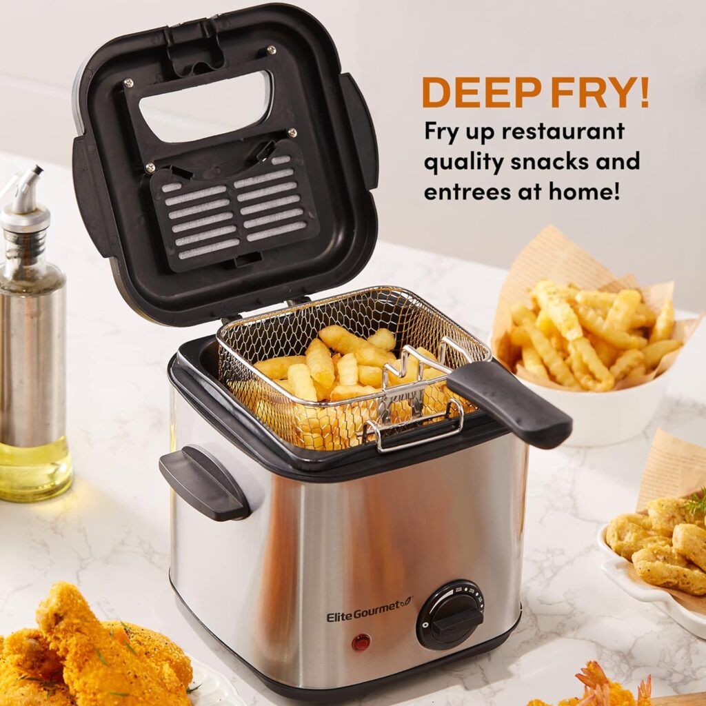 Elite Gourmet EDF1550 Electric 1.5 Qt. / 6 Cup Oil Capacity Deep Fryer, Adjustable Temperature, Removable Basket, Lid with Viewing Window, Stainless Steel