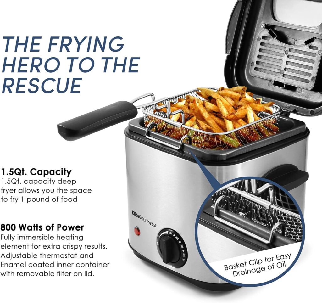 Elite Gourmet EDF1550 Electric 1.5 Qt. / 6 Cup Oil Capacity Deep Fryer, Adjustable Temperature, Removable Basket, Lid with Viewing Window, Stainless Steel