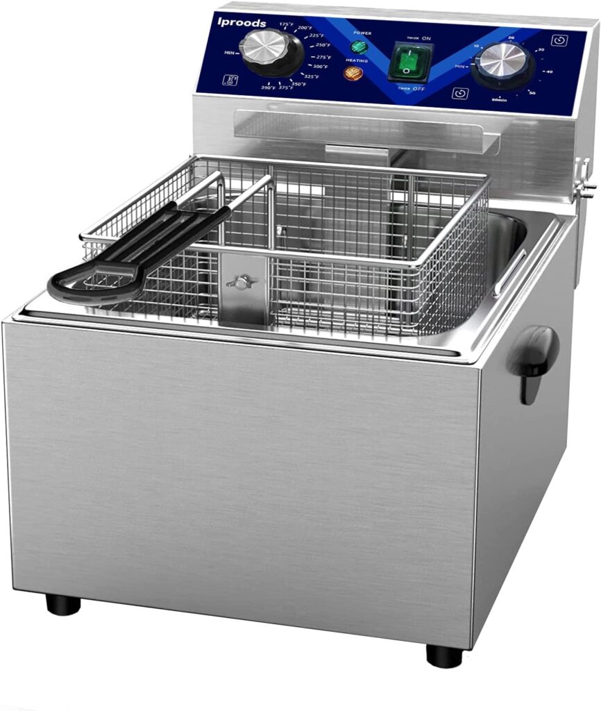 Iproods Electric Deep Fryer with Basket and Lid, Stainless Steel 10.5QT Kitchen Frying Machine for Commercial and Home, with Temperature and Timing Adjustable, 110V 1800W (10.5QT)