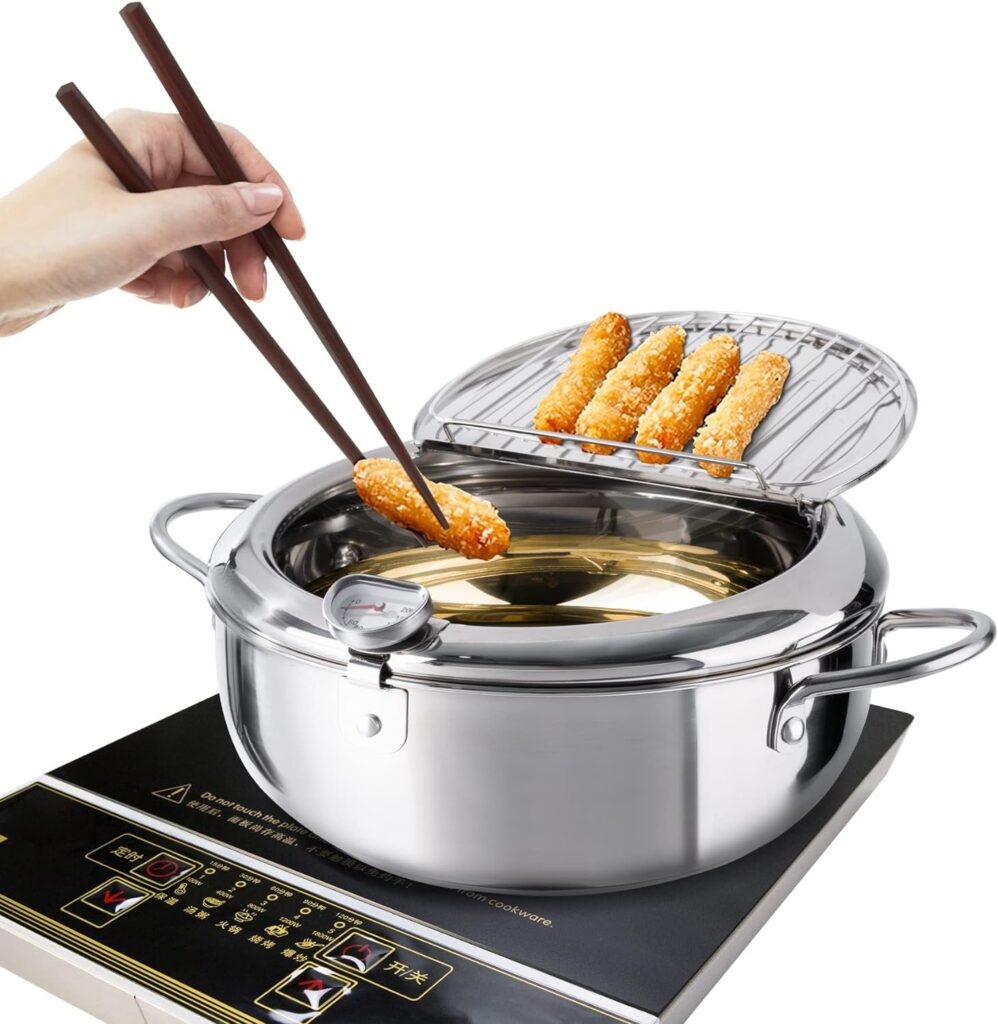 Kerilyn Deep Fryer Pot, 11 Inch/4.2 L Janpanese Style Tempura Frying Pot with Lid, 304 Stainless Steel with Temperature Control and Oil Drip Drainer Rack, for Kitchen French Fries, Chicken etc