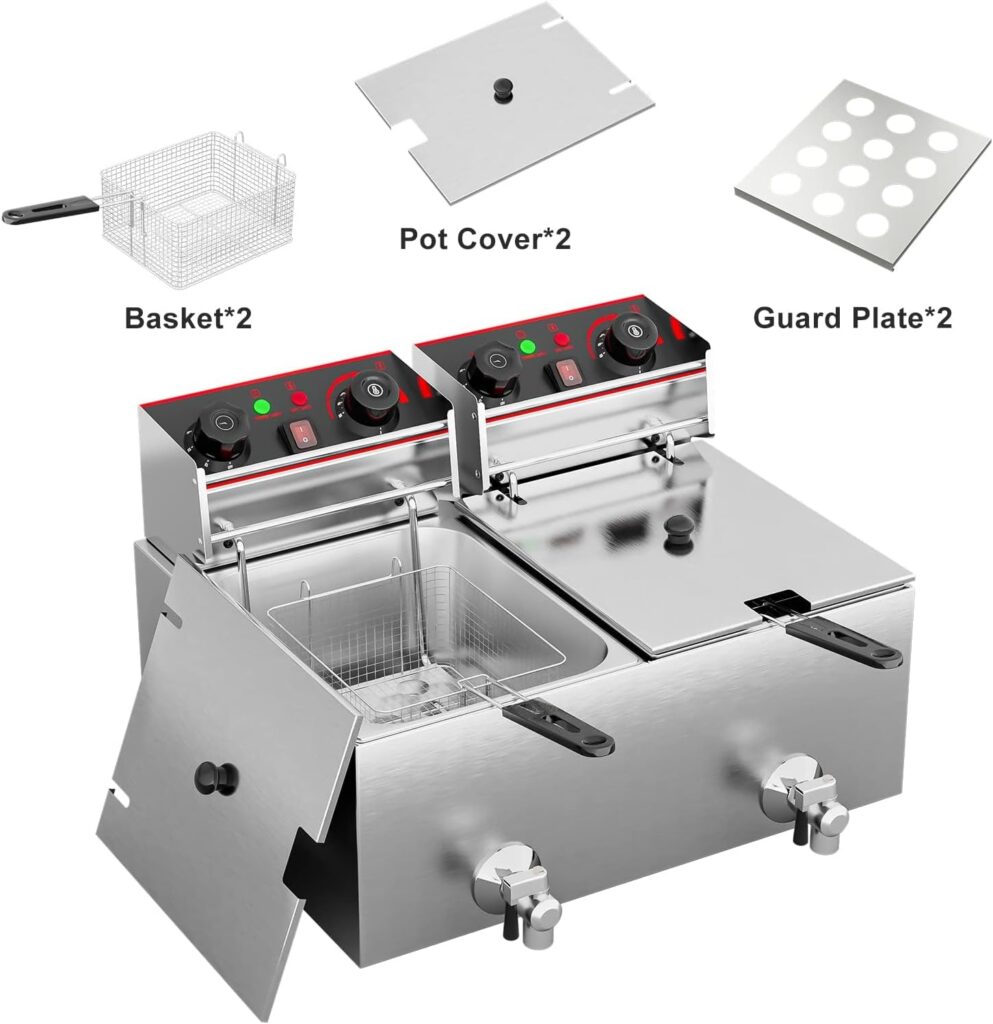 Oarlike 12L Commercial Deep Fryer with Drain Large Stainless Steel Dual Tank 10.5 QT 2x 1800W 110V Electric Deep Fryers with Timer, Baskets and Lid for HomeRestaurant