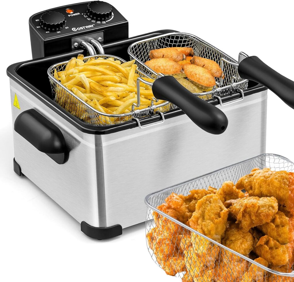 COSTWAY Deep Fryer with Basket, 5.3Qt Stainless Steel Electric Oil Fryer w/Adjustable Temperature, Timer, Lid with View Window, Professional Style, Deep Fryer Pot for Home Use, French Fries, Chicken