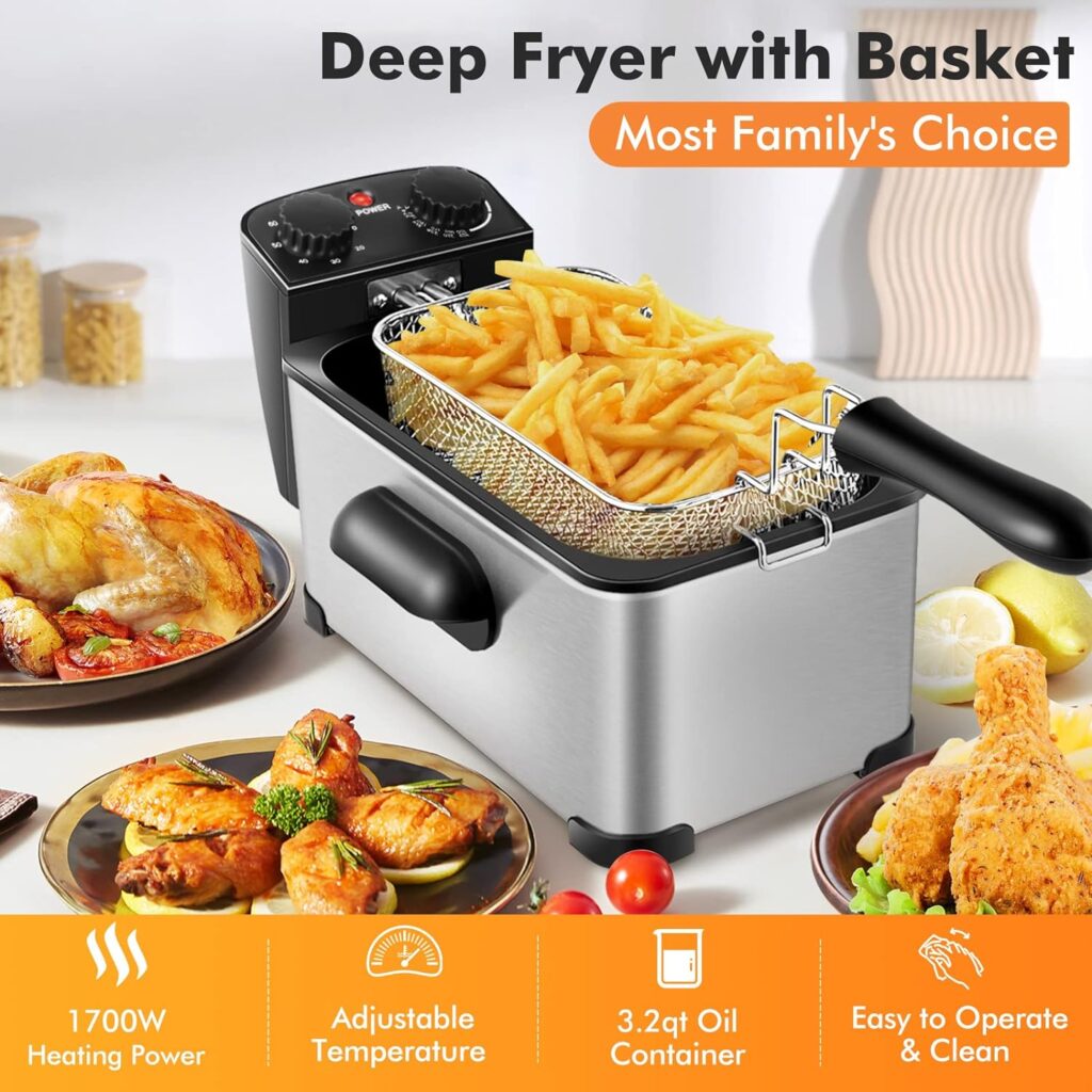 COSTWAY Deep Fryer with Basket, 5.3Qt Stainless Steel Electric Oil Fryer w/Adjustable Temperature, Timer, Lid with View Window, Professional Style, Deep Fryer Pot for Home Use, French Fries, Chicken