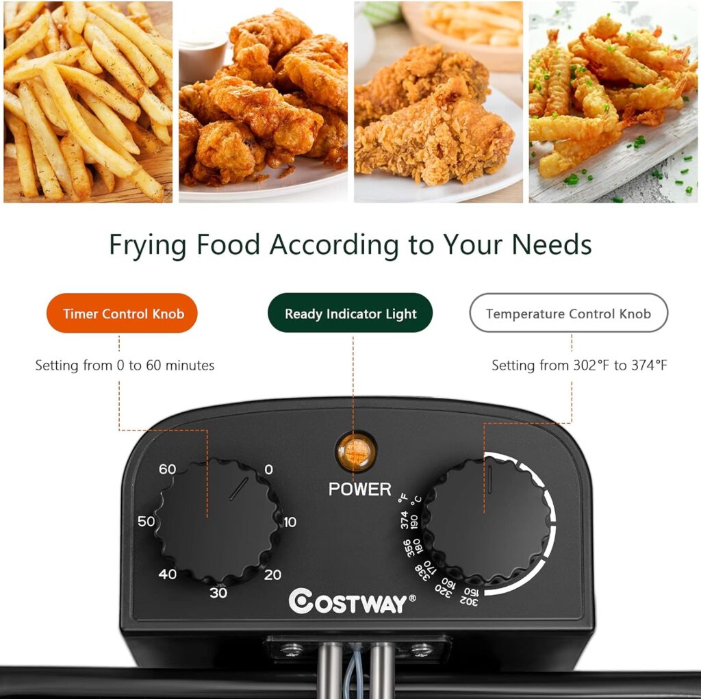 COSTWAY Deep Fryer with Basket, 5.3Qt Stainless Steel Electric Oil Fryer w/Adjustable Temperature, Timer, Lid with View Window, Professional Style, Deep Fryer Pot for Home Use, French Fries, Chicken