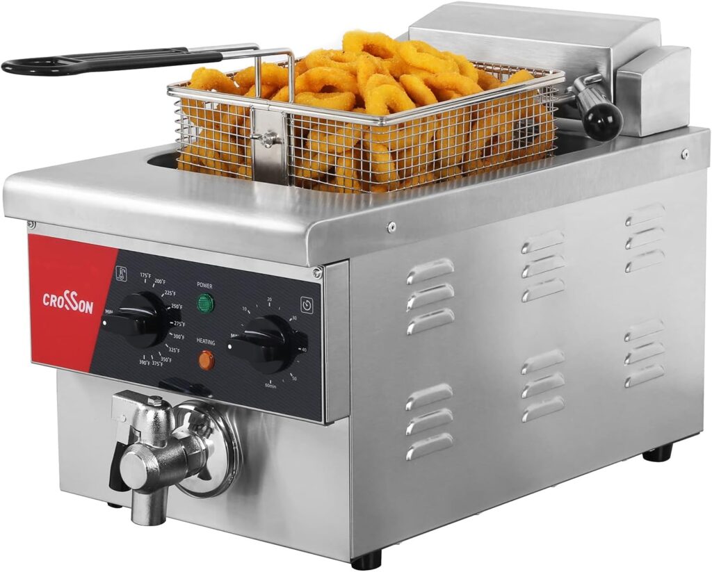 CROSSON 6L Electric Countertop Deep Fryer Extra Large with Drain,Timer,Basket and Lid for Restaurant Use 120V,1800W Commercial Deep Fryers