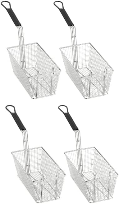 Deep Fryer Basket | 13 x 6.5 x 5.25 Restaurant Kitchen Commercial Use | Front Hooks Non-Slip Handle | Nickle Plated Stainless Steel (4 Pack)