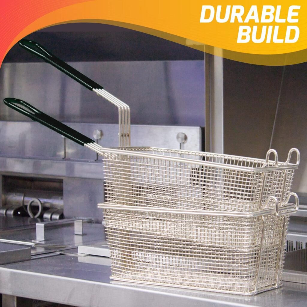 Deep Fryer Basket | 13 x 6.5 x 5.25 Restaurant Kitchen Commercial Use | Front Hooks Non-Slip Handle | Nickle Plated Stainless Steel (4 Pack)