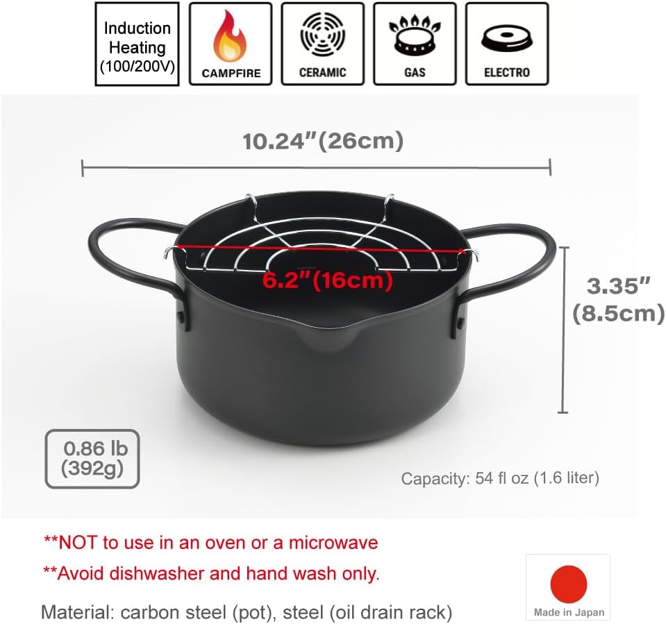 Japanese Style Deep Frying Pot [ Made in Japan ] 6.2 inch Carbon Steel Mini Deep Fryer