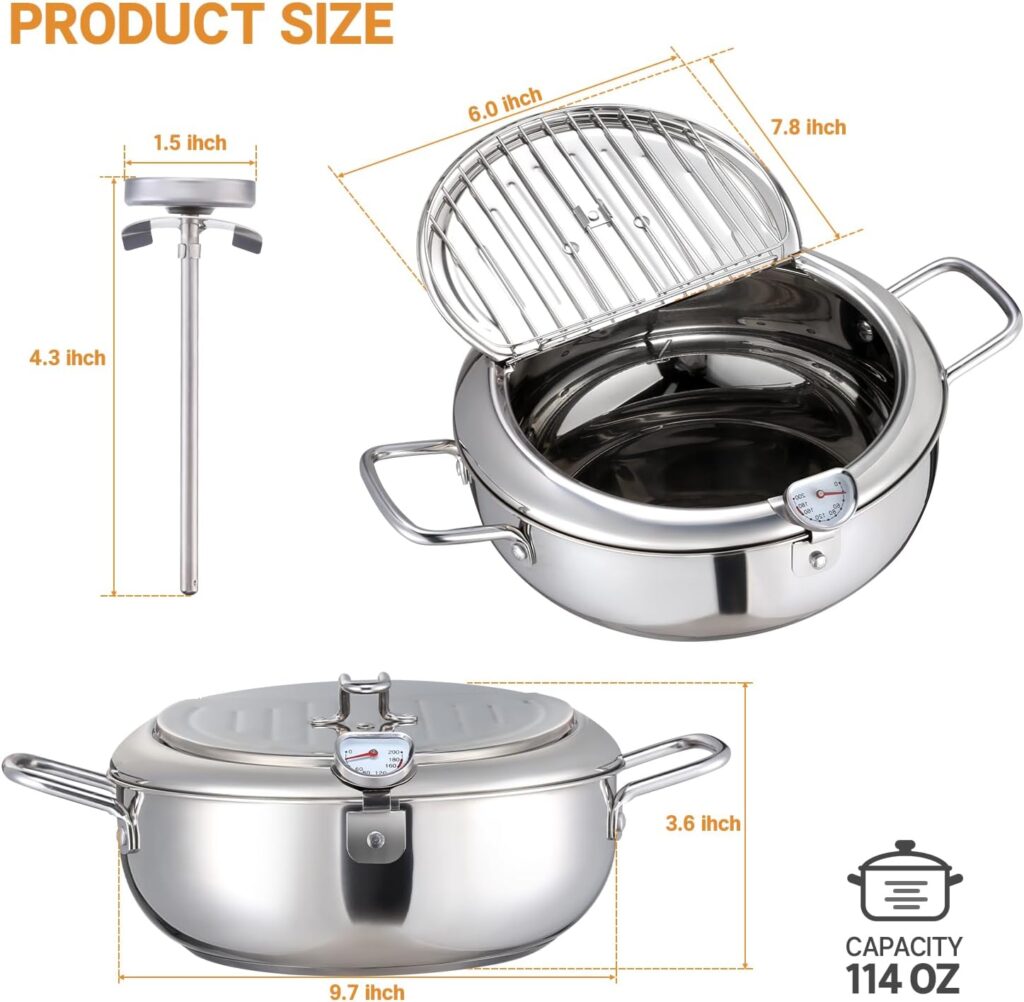 LEPO Deep Fryer Pot, 3.4L Japanese Tempura Deep Fryer Pot, 304 Stainless Steel Frying Pot With Thermometer,Lid And Oil Drip Drainer Rack for French Fries,Chicken,Fish and Shrimp