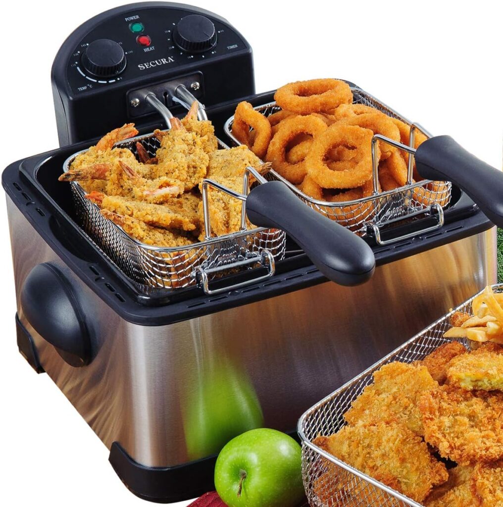 Secura 1700-Watt Stainless-Steel Triple Basket Electric Deep Fryer with Timer Free Extra Odor Filter, 4L/17-Cup,Silver