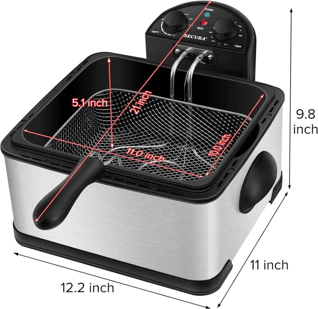 Secura 1700-Watt Stainless-Steel Triple Basket Electric Deep Fryer with Timer Free Extra Odor Filter, 4L/17-Cup,Silver